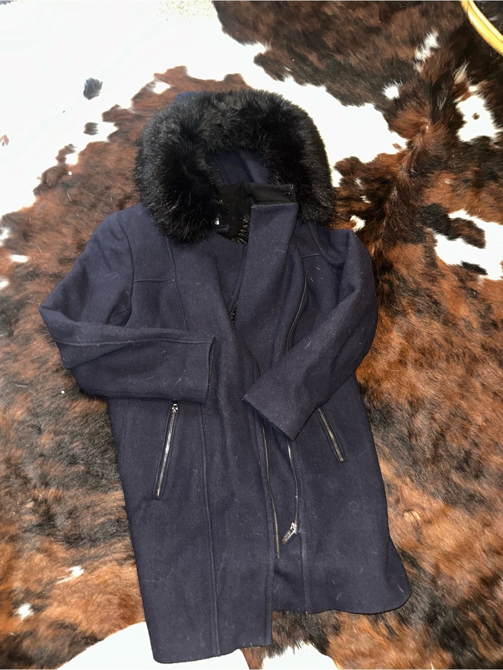 Navy Wool Coat with Black Faux Fur Hood